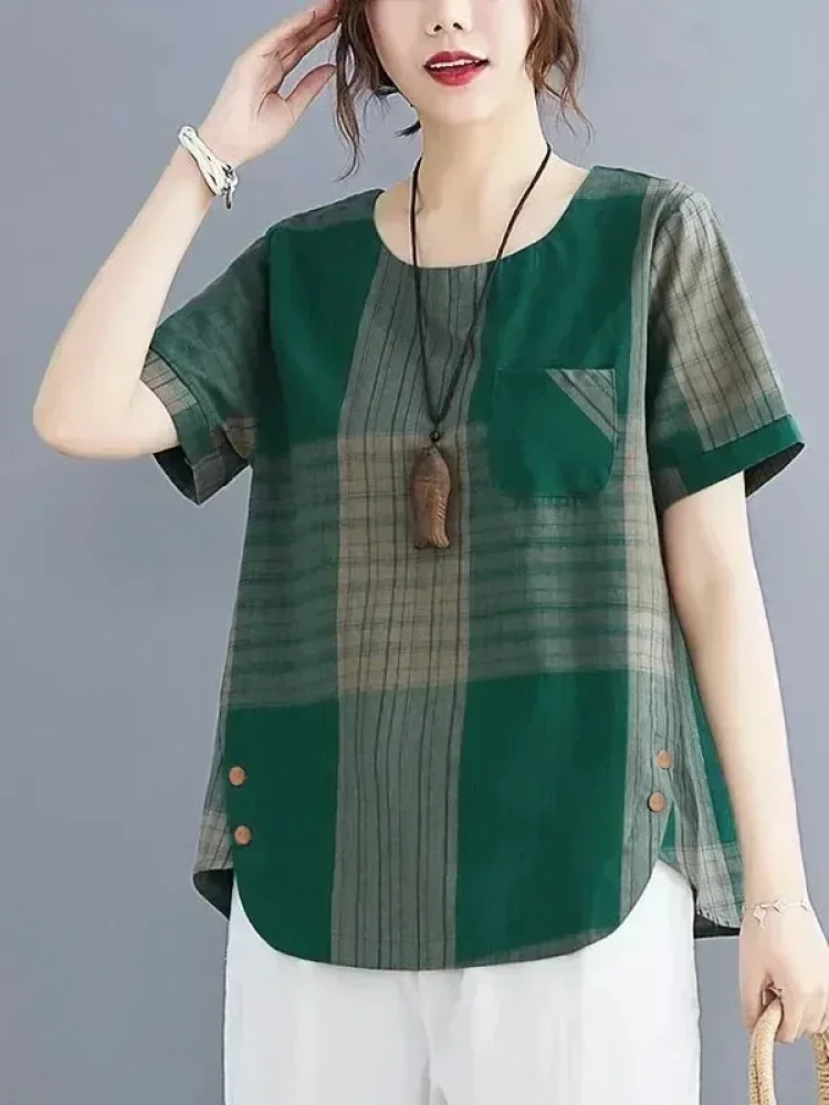 ASAYA Atasan model lengan pendek untuk wanita motif garis garis