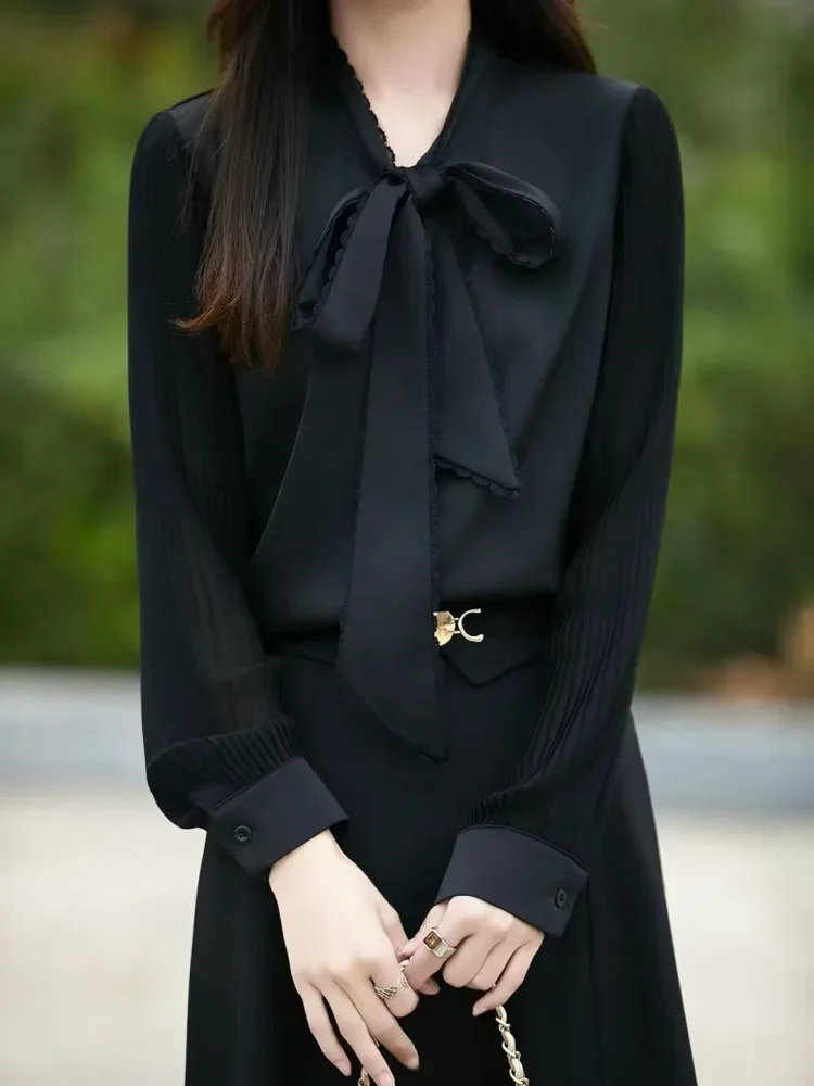 FADFAD Atasan blouse lengan panjang kerah tie neck gaya elegan untuk wanita