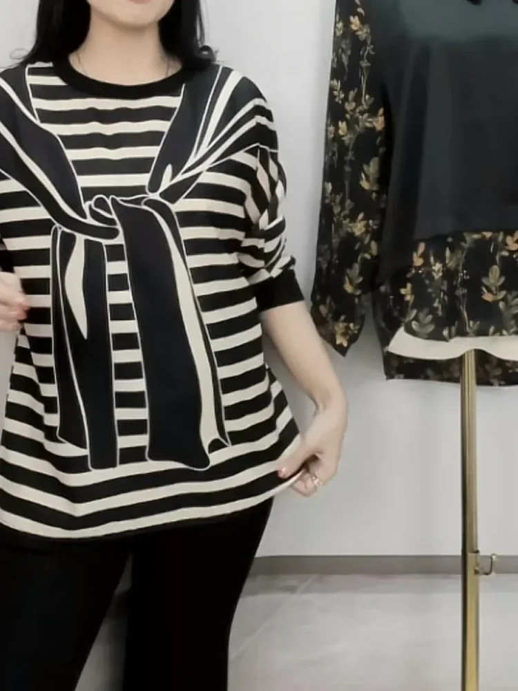 FADFAD Atasan blouse wanita lengan 3/4 dengan motif striped pita