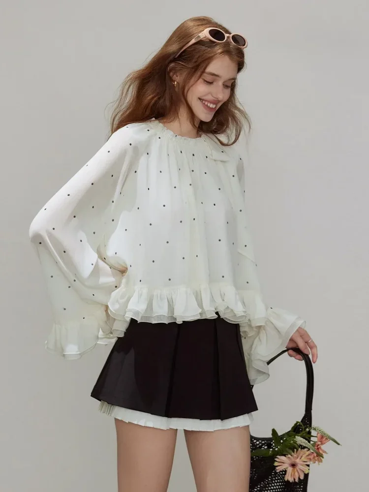 CHICMORE Atasan kemeja lengan panjang motif polkadot dengan model ruffle untuk wanita