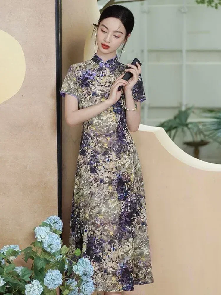 FADFAD Gaun midi lengan ppendek model cheongsam motif cantik elegant
