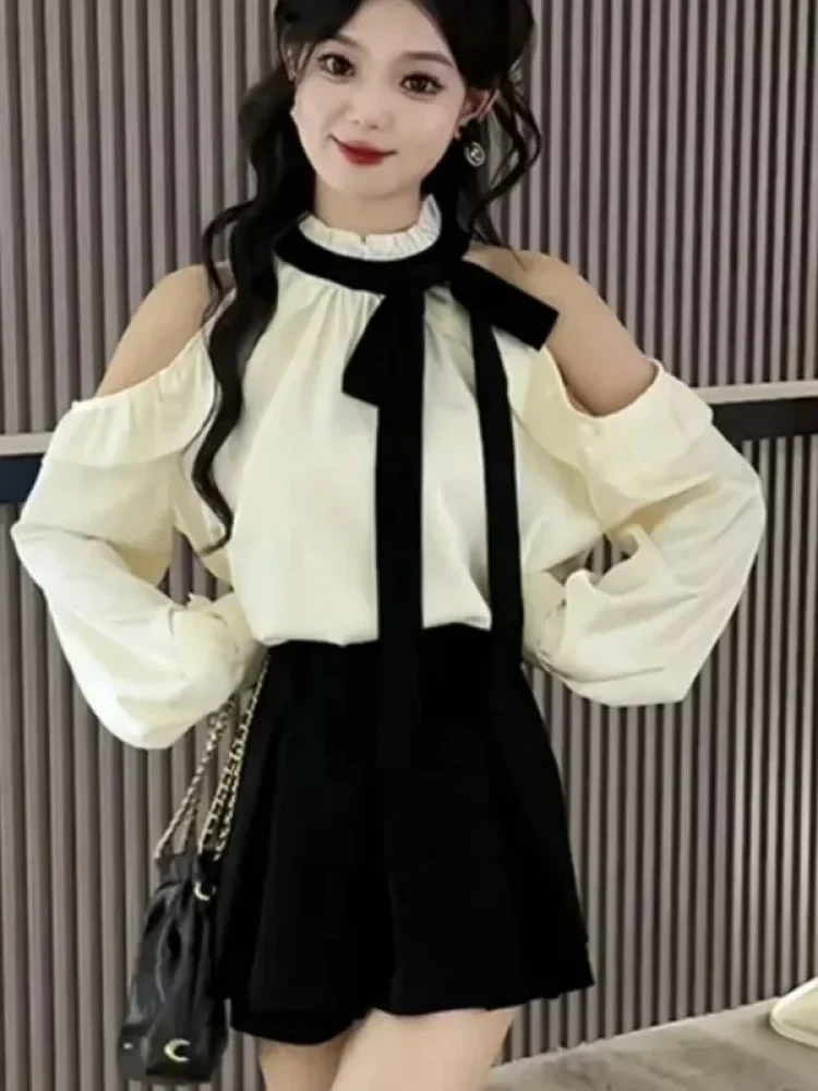 FADFAD Blouse wanita lengan panjang off-shoulder berpita