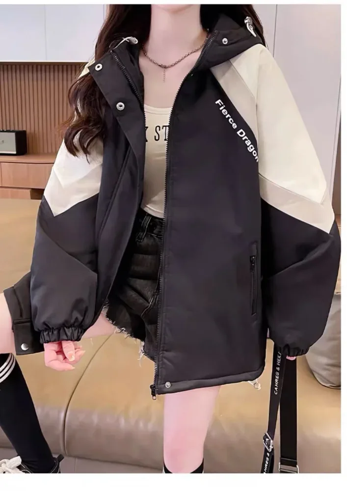 CHICMORE Jaket pakaian wanita kerah hooded warna kontras bergaya baru kekinian