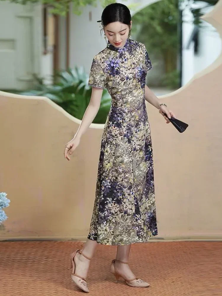 FADFAD Gaun midi lengan ppendek model cheongsam motif cantik elegant