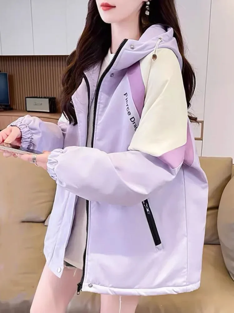 CHICMORE Jaket pakaian wanita kerah hooded warna kontras bergaya baru kekinian