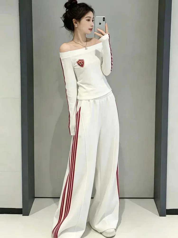 FADFAD Setelan wanita dua potong atasan blouse model off slouder lengan panjang dan celana panjang pinggang elastis