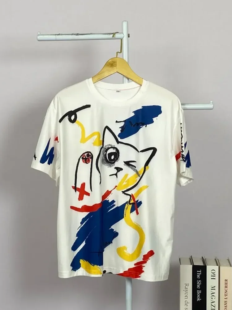 ASAYA Atasan t-shirt lengan pendek dengan kerah bulat bergaya kasual, lembut dan tipis dengan motif cetak