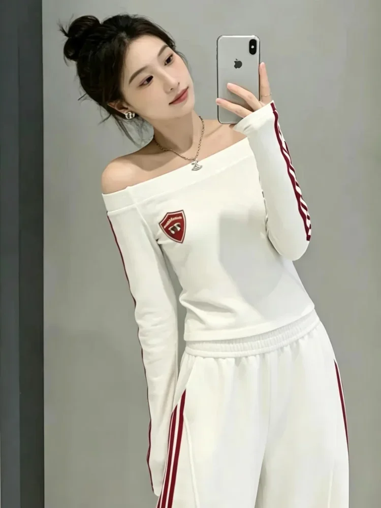 FADFAD Setelan wanita dua potong atasan blouse model off slouder lengan panjang dan celana panjang pinggang elastis