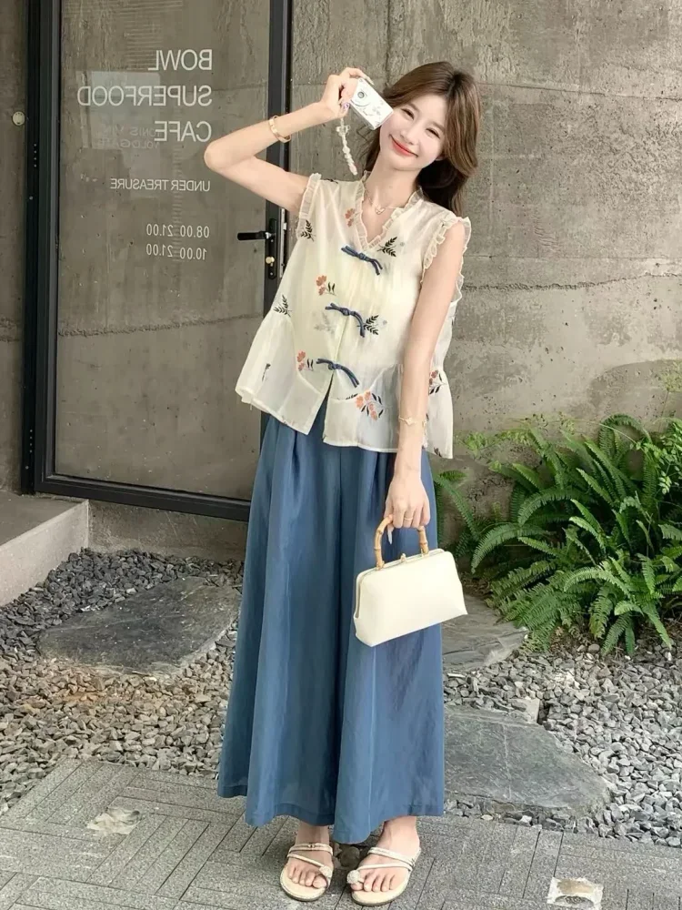 CHICMORE Setelan dua potong baju tanpa lengan dan celana panjang bergaya cantik