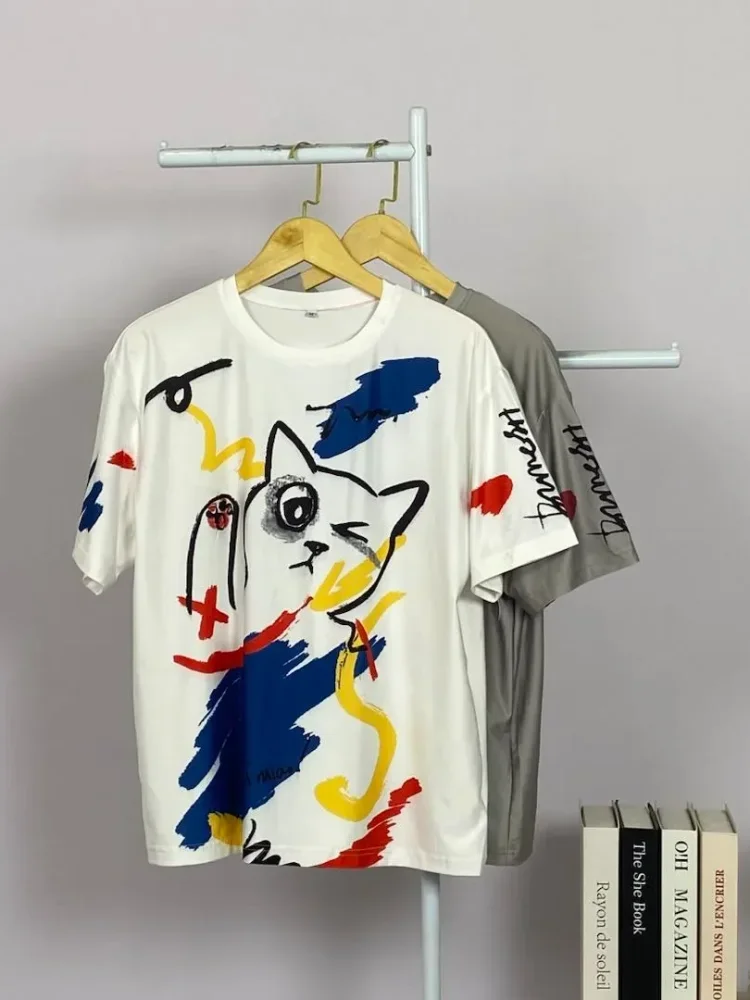 ASAYA Atasan t-shirt lengan pendek dengan kerah bulat bergaya kasual, lembut dan tipis dengan motif cetak