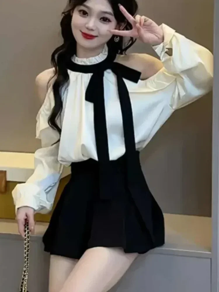 FADFAD Blouse wanita lengan panjang off-shoulder berpita