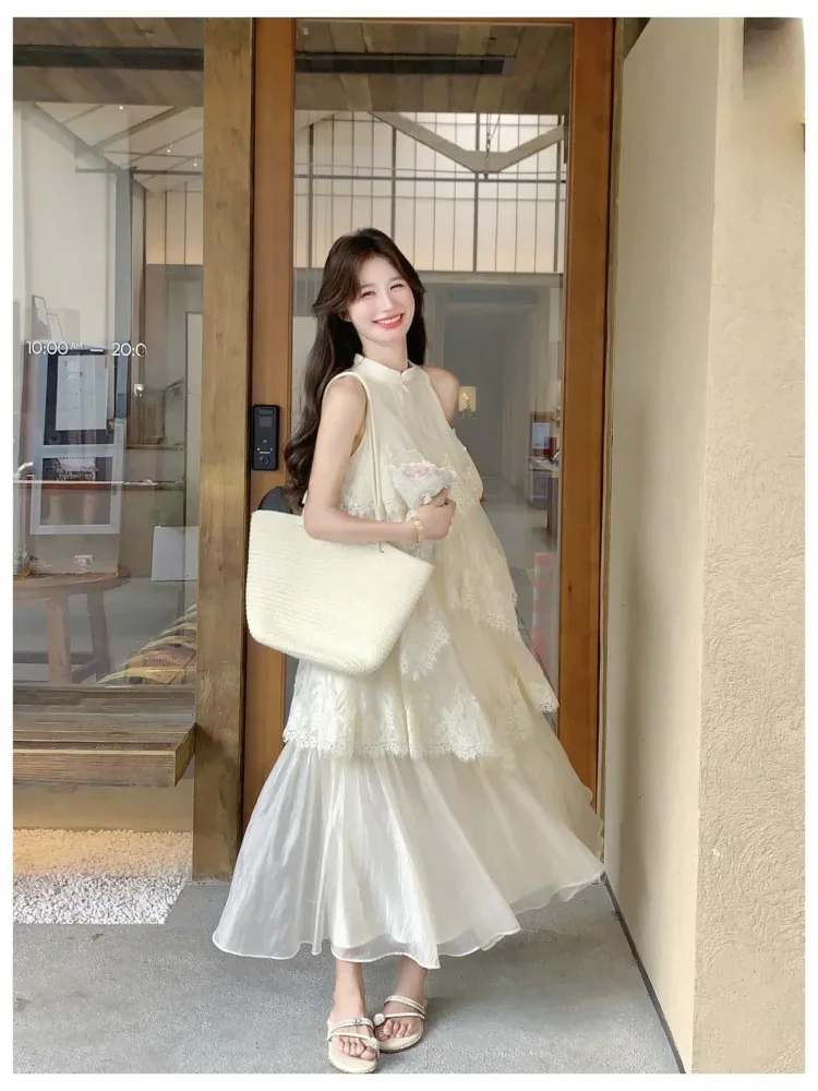 CHICMORE Gaun halter wanita warna putih gading cantik, elegan