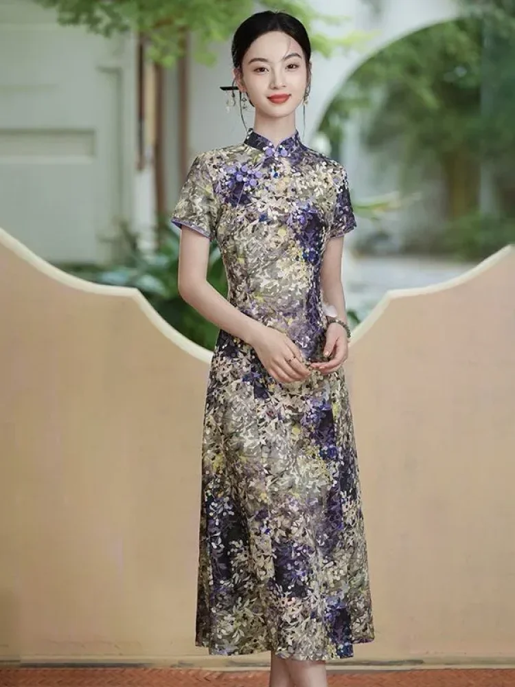 FADFAD Gaun midi lengan ppendek model cheongsam motif cantik elegant