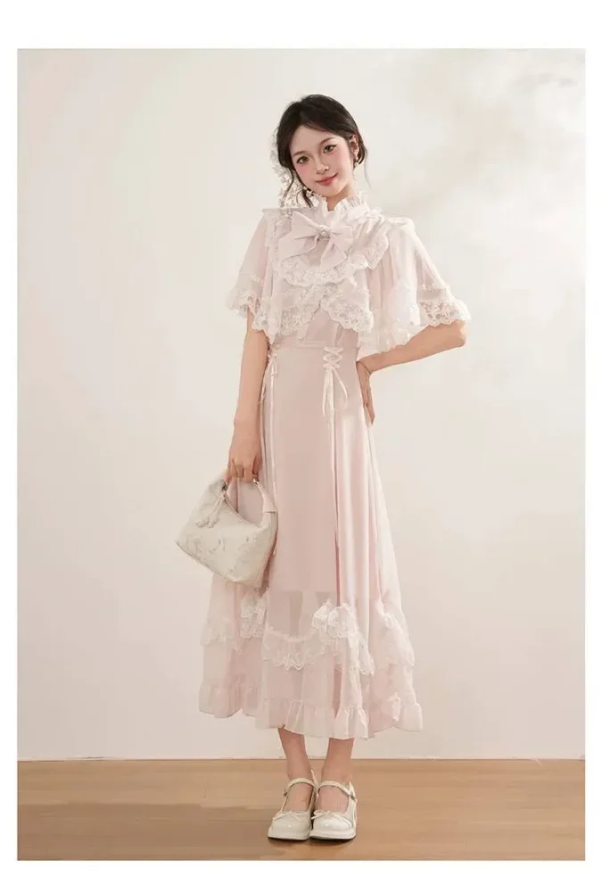 CHICMORE Gaun wanita dengan lengan pendek dengan aksen pita lucu gaya modern ala korea