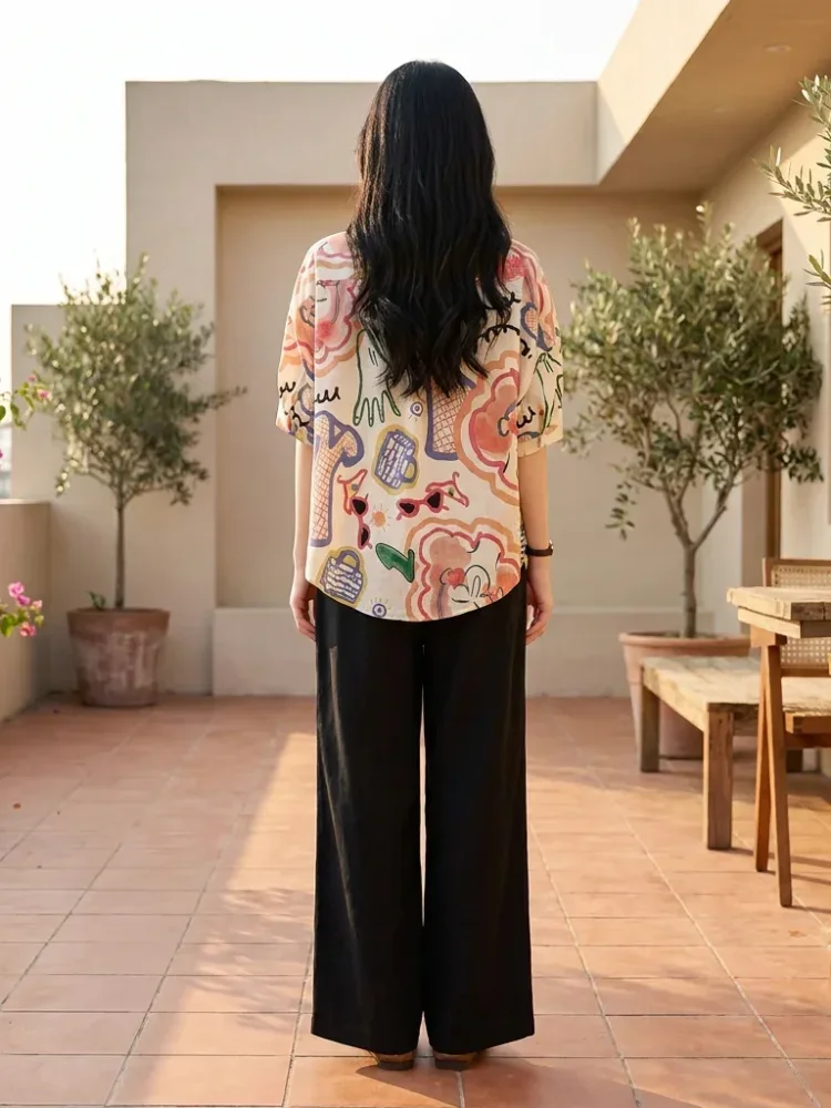 ASAYA Atasan wanita kemeja lengan pendek motif cetak lucu kasual