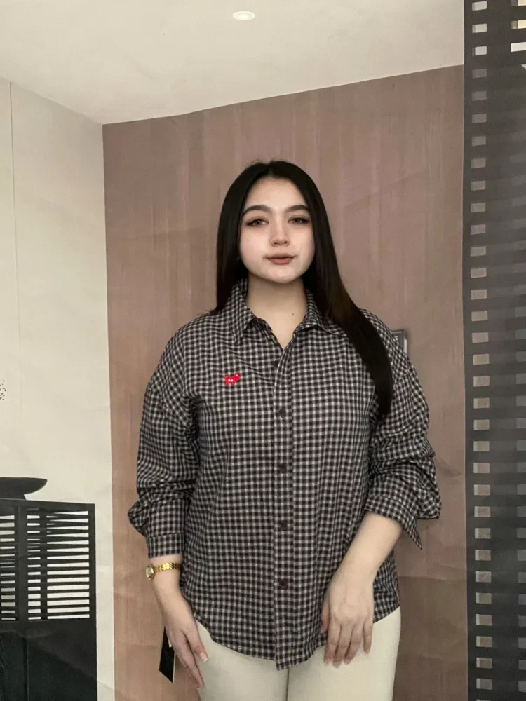 FADFAD Atasan kemeja kotak-kotak wanita model longgar berkerah