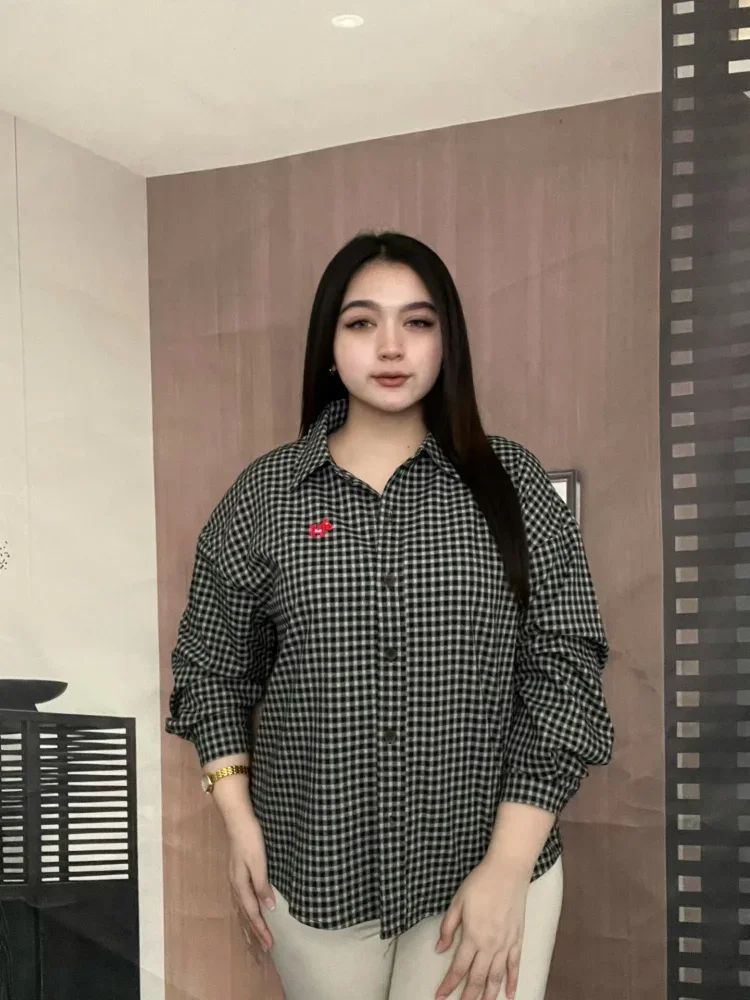 FADFAD Atasan kemeja kotak-kotak wanita model longgar berkerah