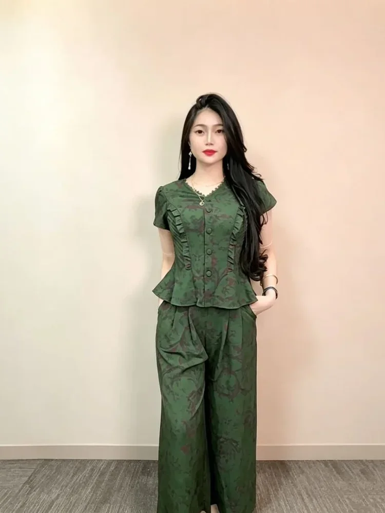 FADFAD Setelan wanita dua potong atasan lengan pendek kerah v neck dan rok panjang a-line
