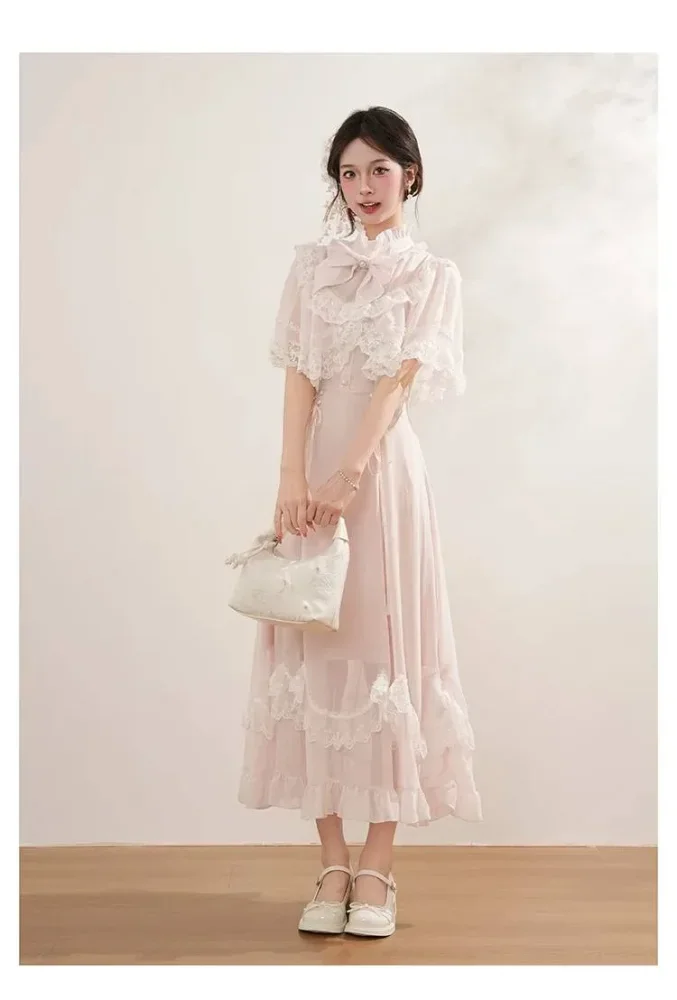 CHICMORE Gaun wanita dengan lengan pendek dengan aksen pita lucu gaya modern ala korea