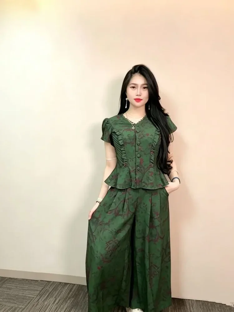FADFAD Setelan wanita dua potong atasan lengan pendek kerah v neck dan rok panjang a-line