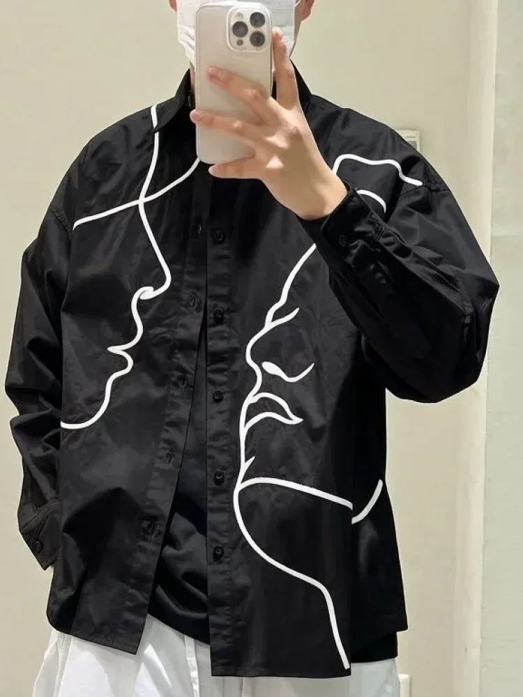 CHICMORE Versatile trendy niche abstract face embroidered solid colour long-sleeve shirt