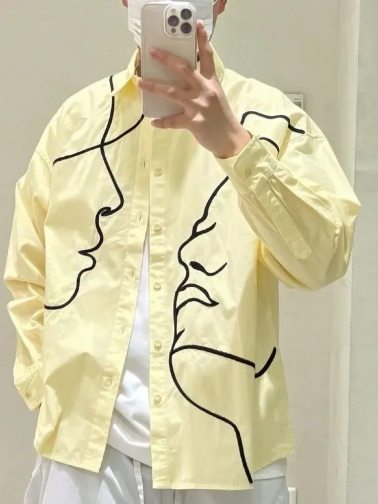 CHICMORE Versatile trendy niche abstract face embroidered solid colour long-sleeve shirt
