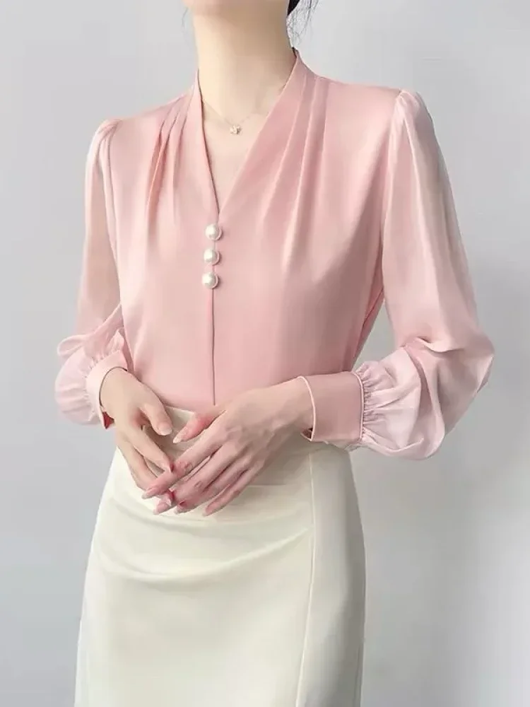 FADFAD Blouse wanita feminime dengan kerah v manis dan lengan panjang kekinian