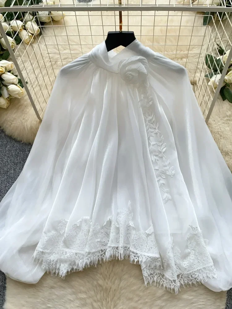 CHICMORE Atasan blouse pakaian wanita lengan besar kerah bulat bergaya anggun untuk wanita