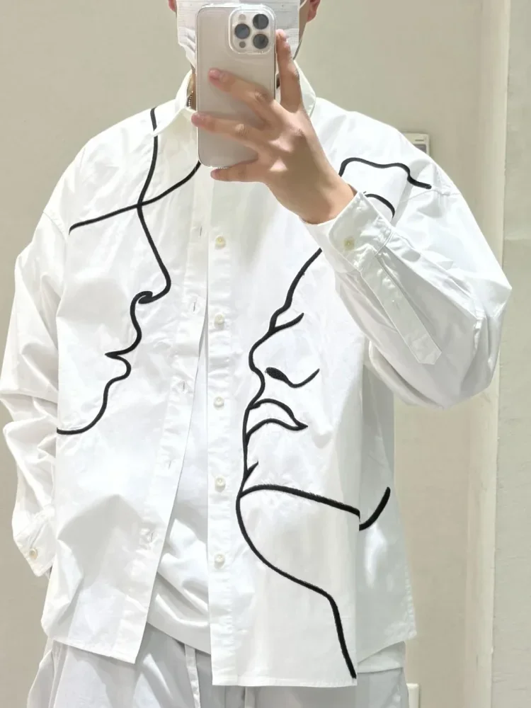 CHICMORE Versatile trendy niche abstract face embroidered solid colour long-sleeve shirt