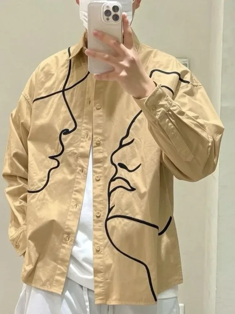 CHICMORE Versatile trendy niche abstract face embroidered solid colour long-sleeve shirt