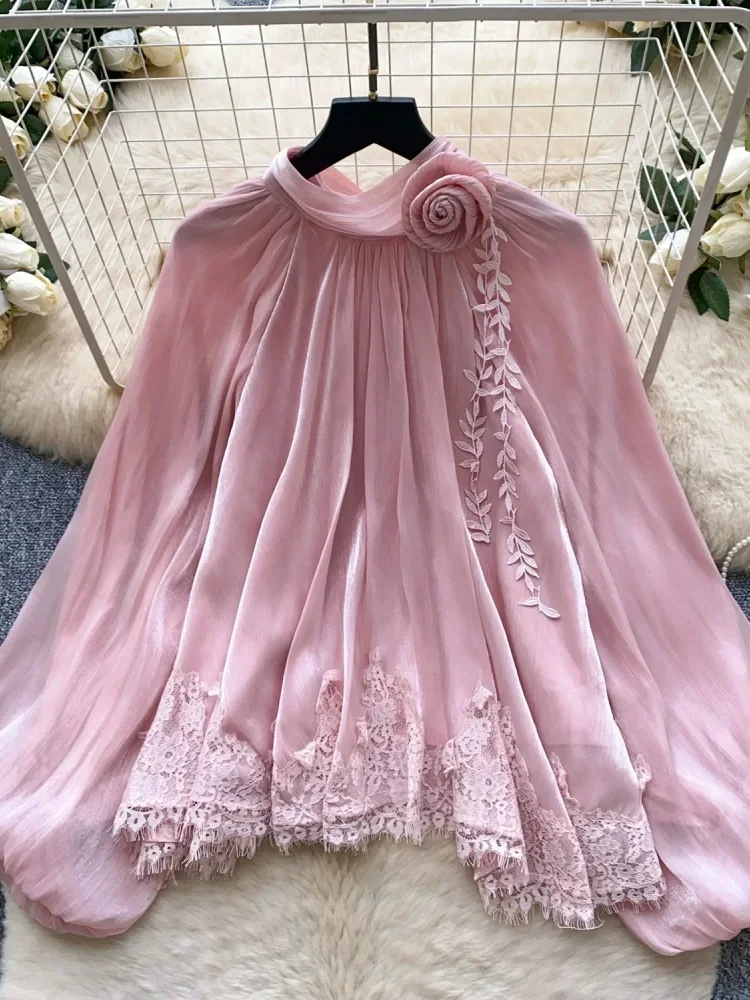 CHICMORE Atasan blouse pakaian wanita lengan besar kerah bulat bergaya anggun untuk wanita