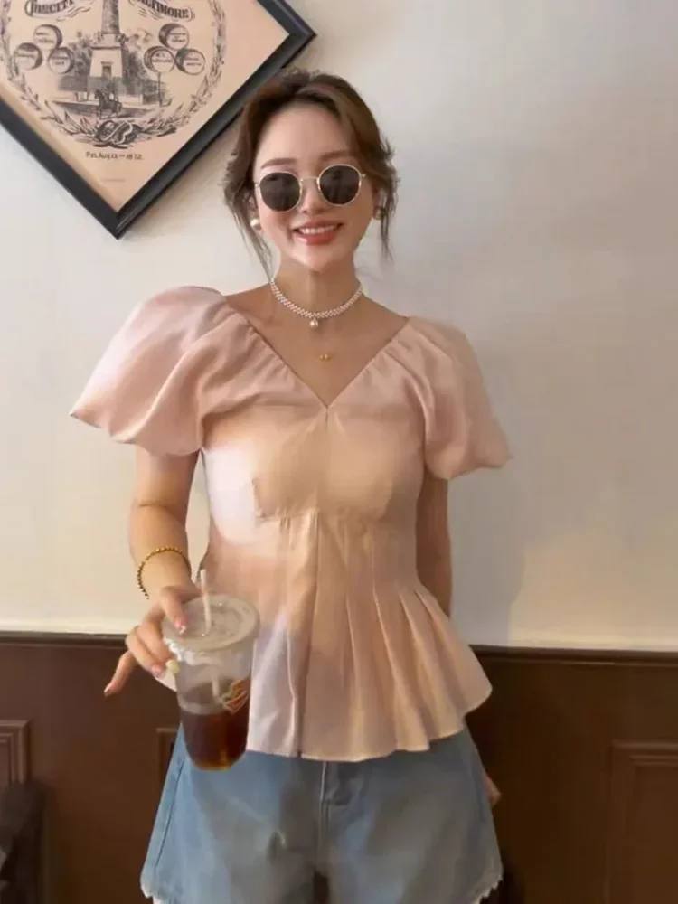 CHICMORE Atasan wanita blouse lengan pendek model minimalis v neck