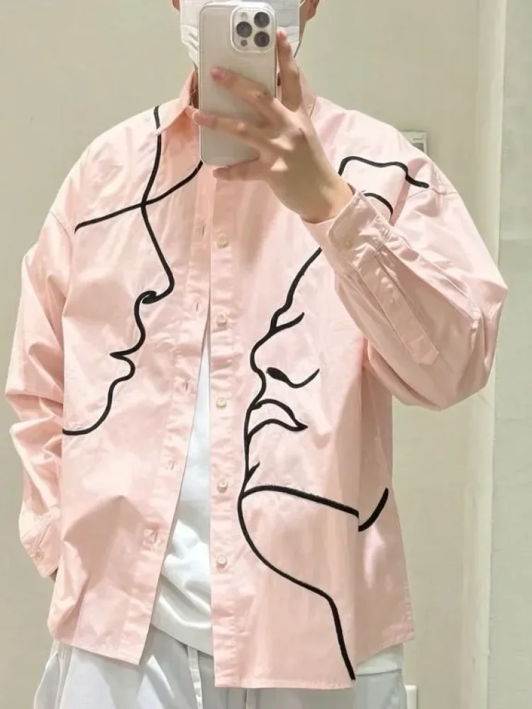 CHICMORE Versatile trendy niche abstract face embroidered solid colour long-sleeve shirt