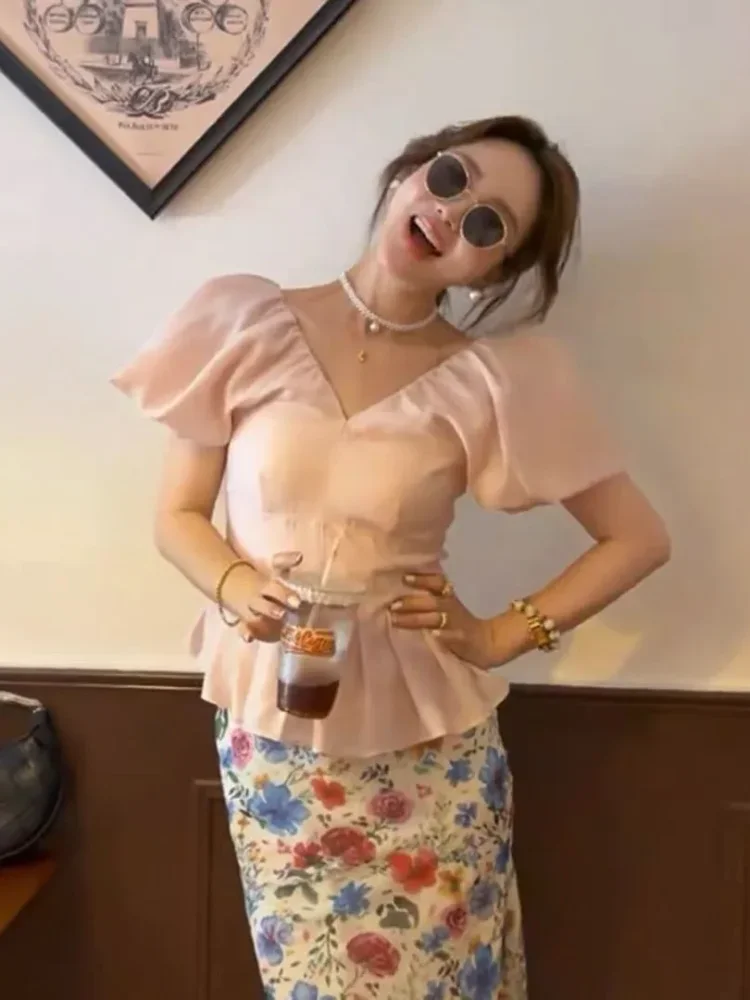 CHICMORE Atasan wanita blouse lengan pendek model minimalis v neck