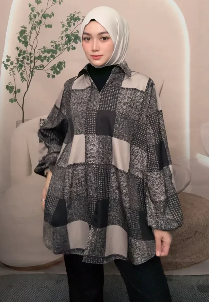 ASAYA Atasan gaya retro kerah v model longgar motif cetak untuk wanita
