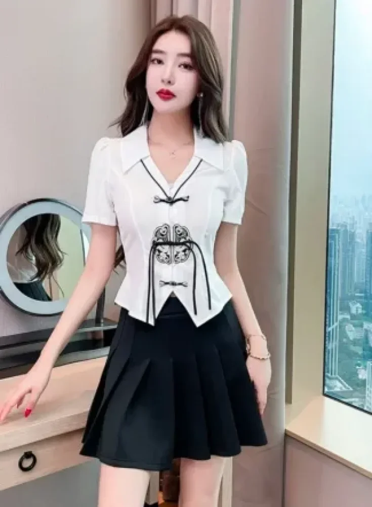 [DISKON KILAT]CHICMORE Atasan kemeja lengan pendek desain retro kasual untuk wanita