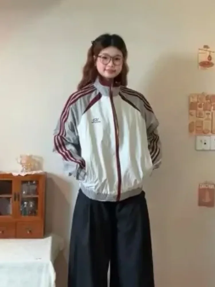 CHICMORE Jaket olahraga wanita oversize dengan garis di bagian lengan