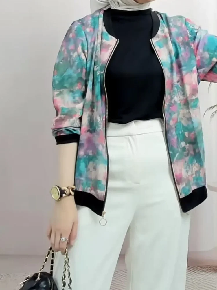 FADFAD Atasan wanita motif cetak retro berzipper lengan panjang kasual terbaru