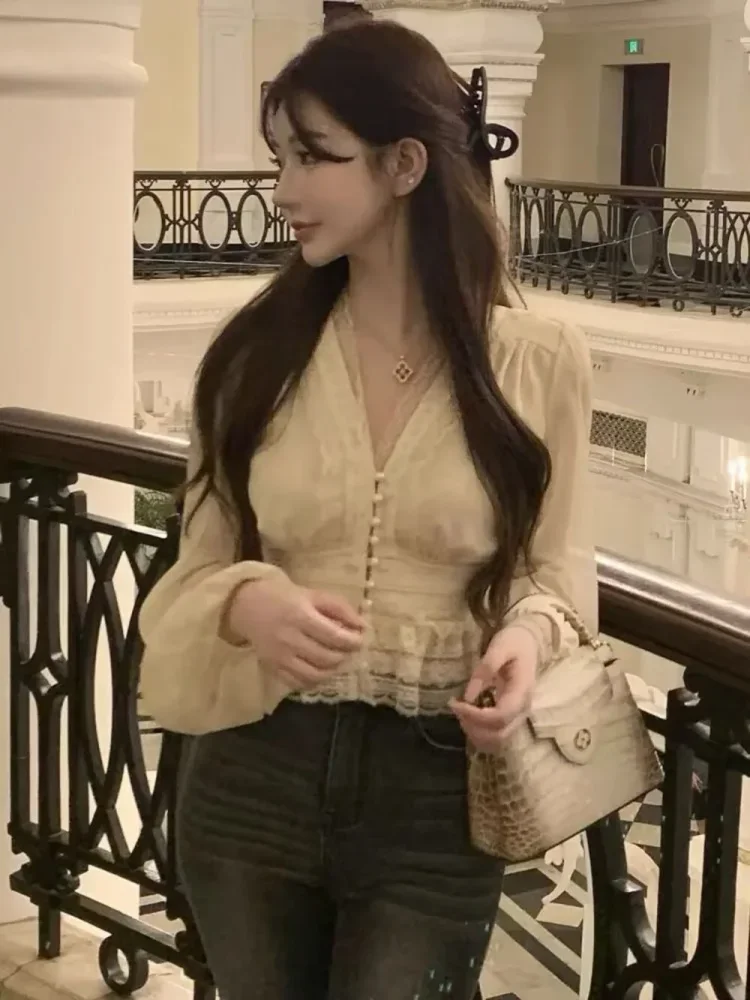 FADFAD Atasan wanita kerah v neck dengan kancing mutiara cantik bergaya elegan