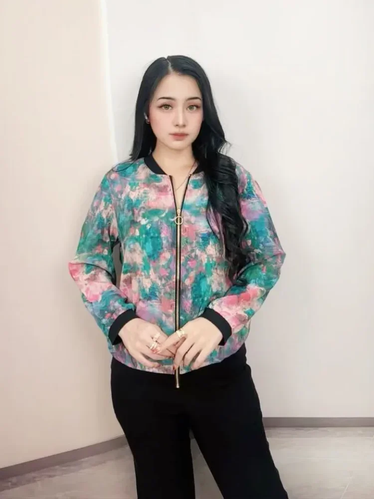 FADFAD Atasan wanita motif cetak retro berzipper lengan panjang kasual terbaru
