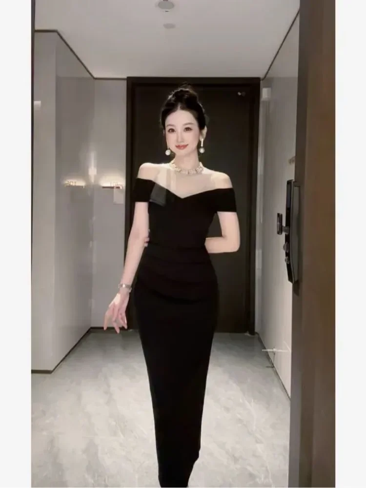 FADFAD Gaun pinggang ramping kerah off shoulder bergaya anggun untuk wanita