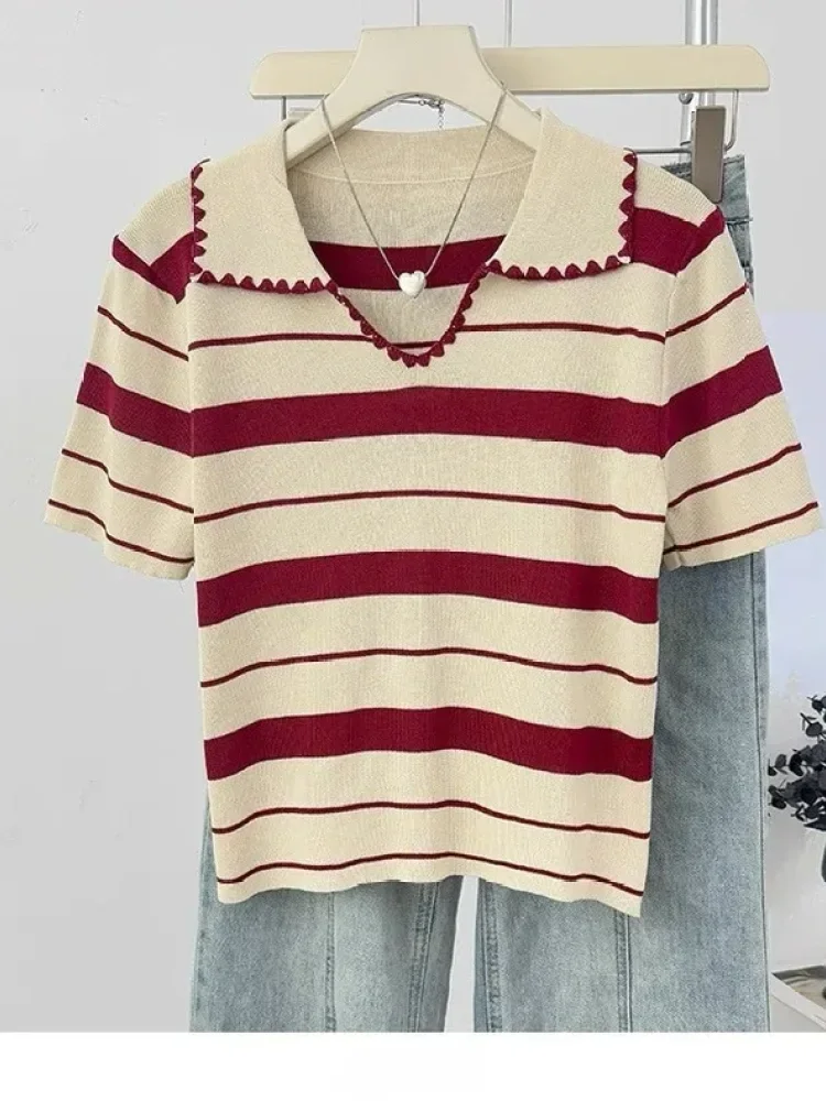 FADFAD Atasan blouse kerah polo lengan pendek motif bergaris gaya kekinian korea