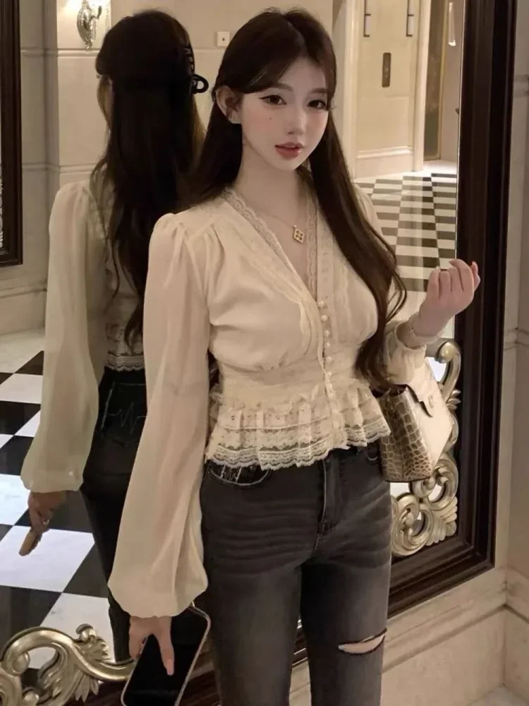 FADFAD Atasan wanita kerah v neck dengan kancing mutiara cantik bergaya elegan