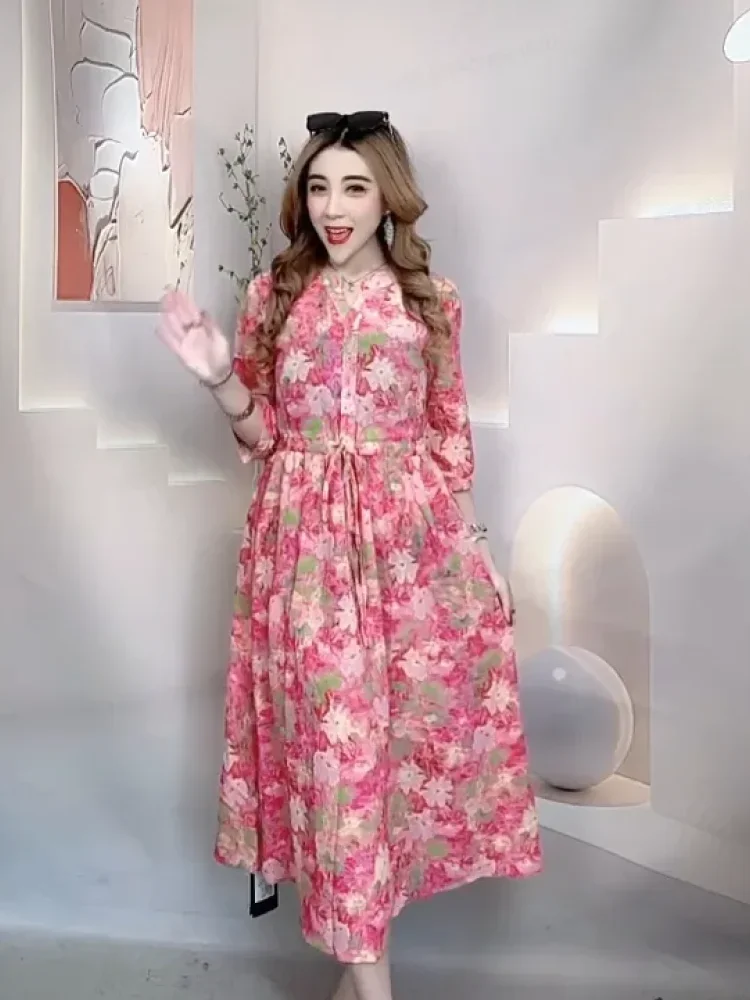 FADFAD Gaun pakaian wanita motif cetak bergaya feminine warna kontras baru