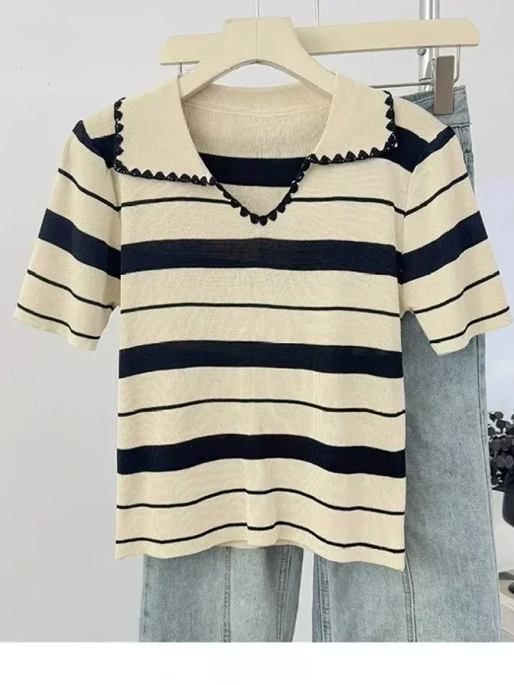 FADFAD Atasan blouse kerah polo lengan pendek motif bergaris gaya kekinian korea