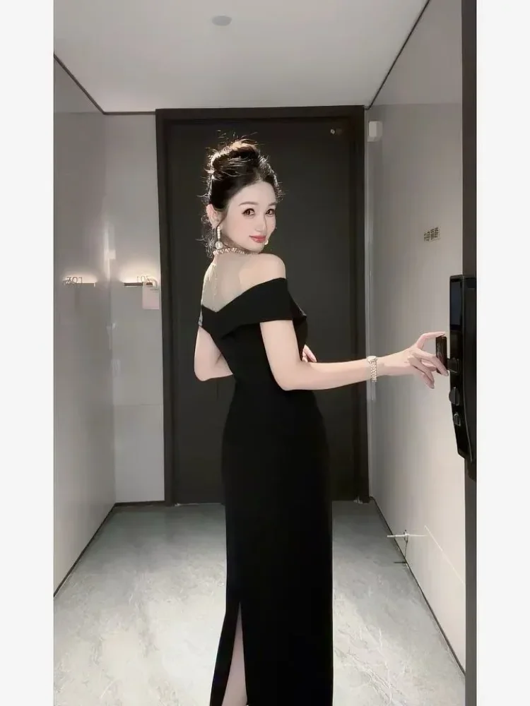 FADFAD Gaun pinggang ramping kerah off shoulder bergaya anggun untuk wanita