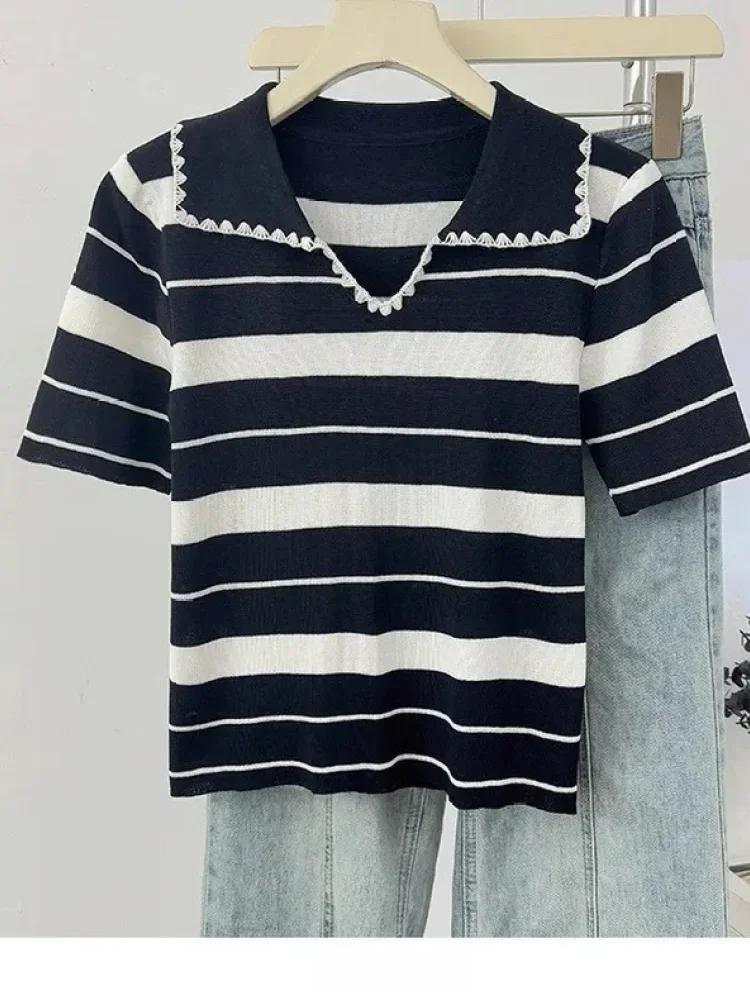 FADFAD Atasan blouse kerah polo lengan pendek motif bergaris gaya kekinian korea