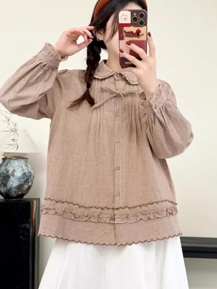 CHICMORE Kemeja wanita lengan panjang desain longar motif kotak-kotak