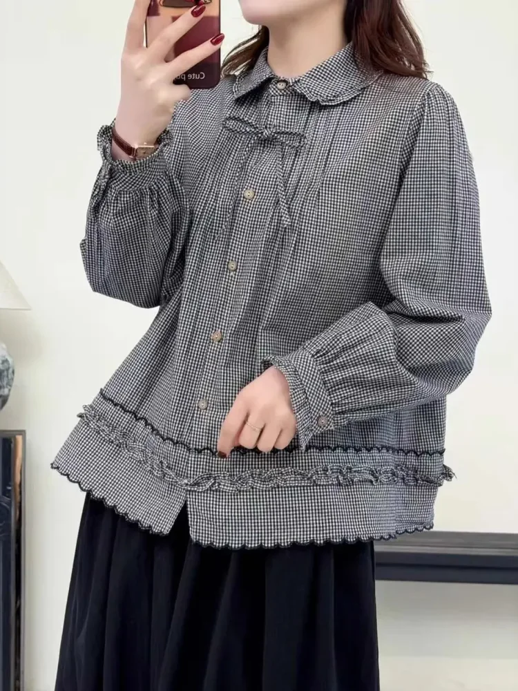 CHICMORE Kemeja wanita lengan panjang desain longar motif kotak-kotak