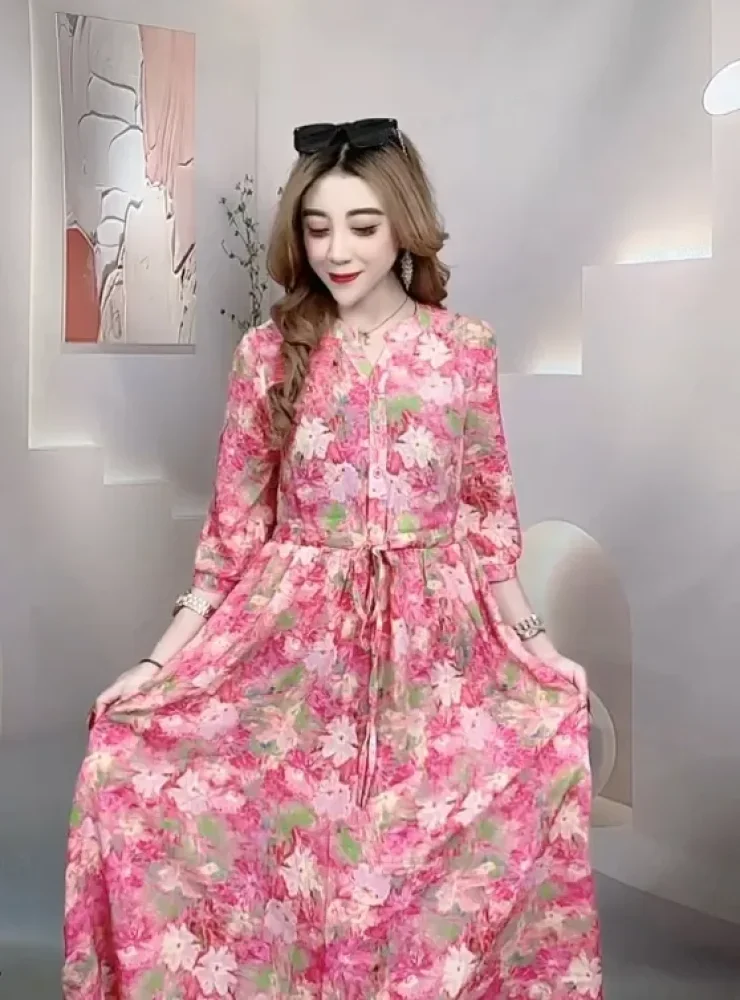 FADFAD Gaun pakaian wanita motif cetak bergaya feminine warna kontras baru